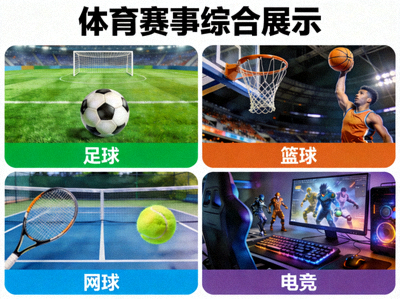 体育赛事综合展示图 - 包含足球、篮球、网球及电竞元素